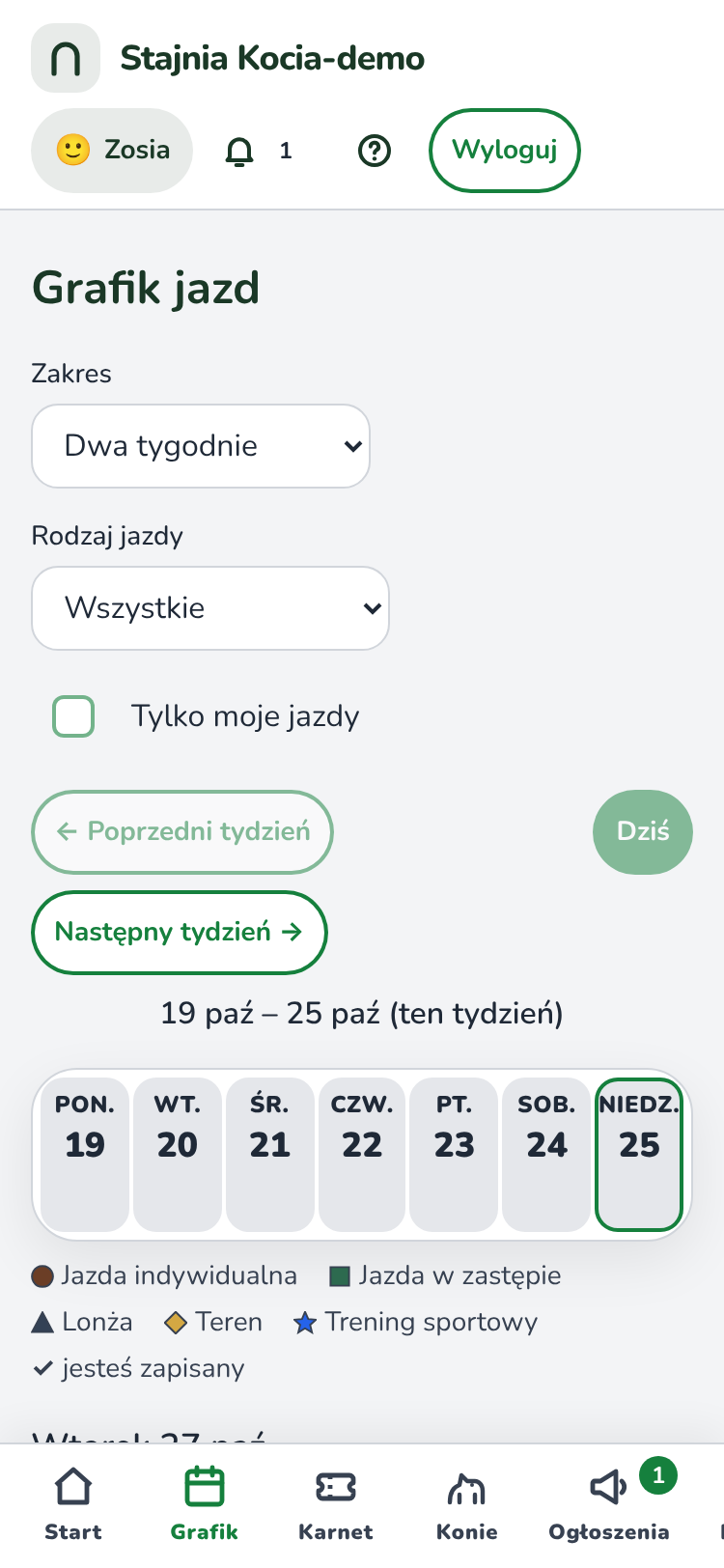 Zakładka „Grafik”, nagłówek „Grafik jazd”. Pola „Zakres” i „Rodzaj jazdy”, pole „Tylko moje jazdy”, przyciski tygodni i pasek dni od poniedziałku do niedzieli. Pod niedzielą jest znak ✓. Niżej zaczyna się lista jazd od soboty.