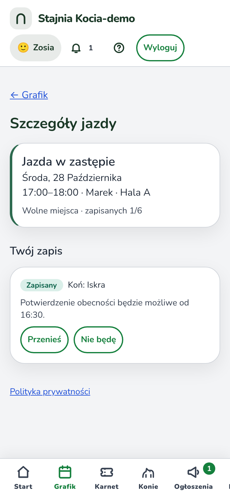 Ekran „Szczegóły jazdy”: Jazda w zastępie, niedziela, 18 października, 17:00–18:00, instruktor Marek, Hala A. W części „Twój zapis” jest napis „Zapisany”, „Koń: Iskra” i przycisk „Nie będę”.