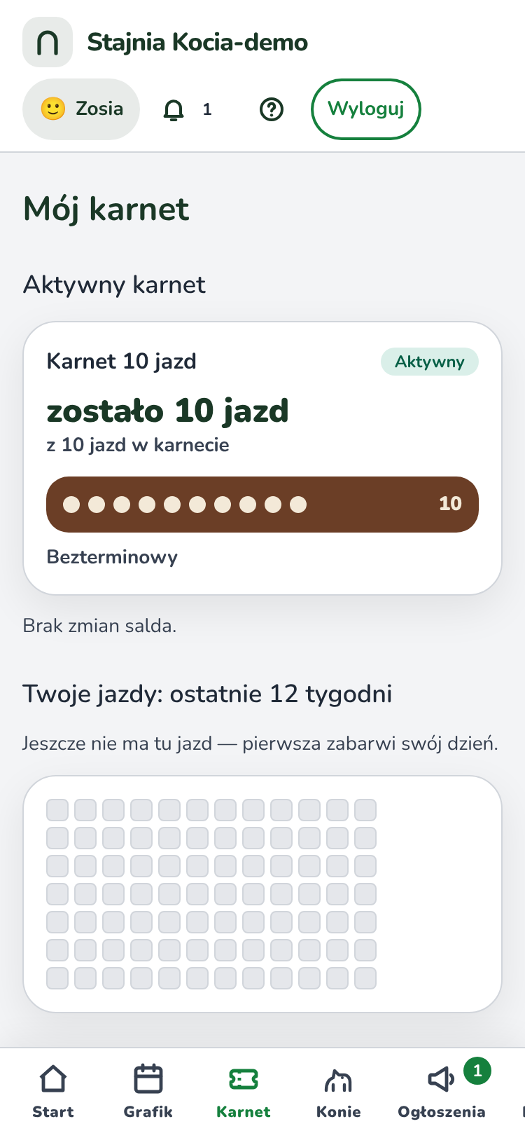 Zakładka „Karnet”, nagłówek „Mój karnet”. W części „Aktywny karnet” karta „Karnet 10 jazd” z napisem „Aktywny”, liczbą „10 z 10 jazd”, paskiem i napisem „Bezterminowy”.