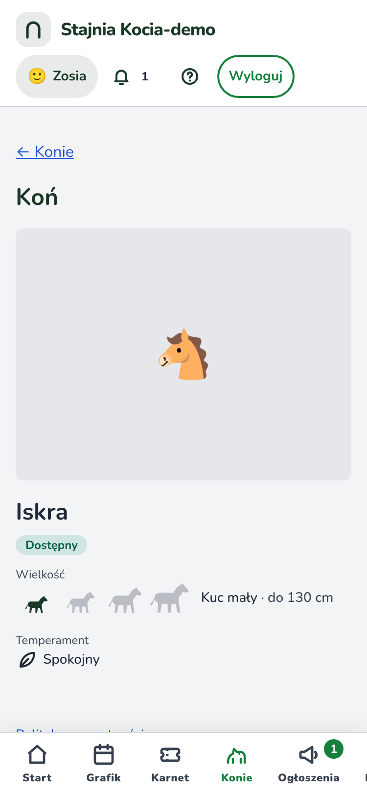 Ekran „Koń”: obrazek głowy konia, imię Iskra i napisy „Dostępny”, „Grupa A1 (do 121 cm)” i „Spokojny”.