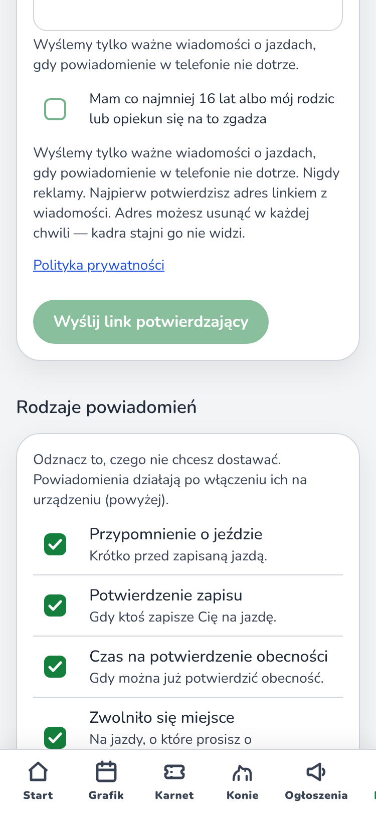Część „Powiadomienia” w zakładce „Profil”: tekst „Przypomnienia o jazdach, zmiany w grafiku i niskie saldo karnetu — prosto na telefon.” i przycisk „Włącz powiadomienia”.
