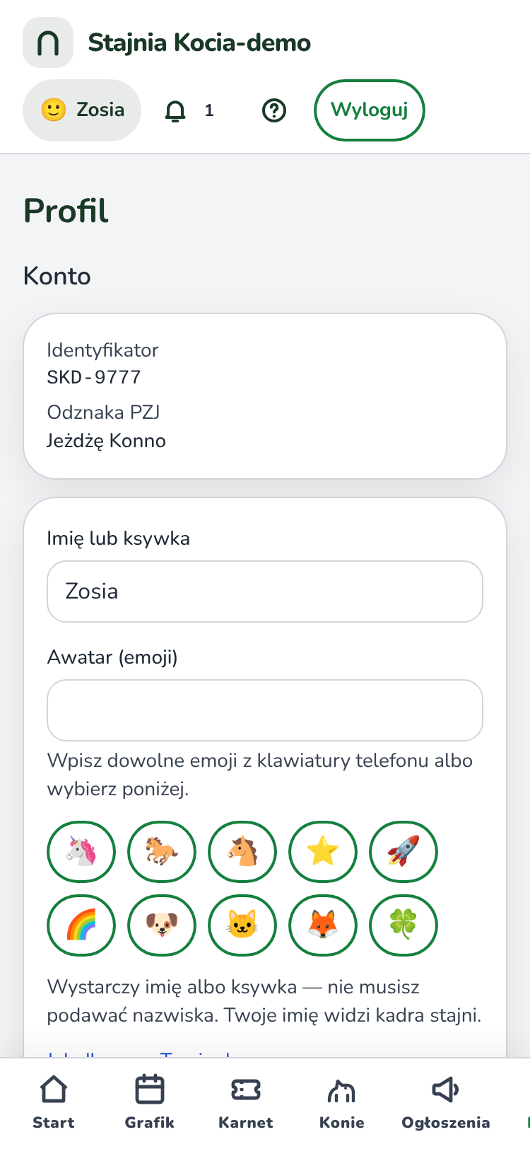 Zakładka „Profil”: część „Konto” z identyfikatorem i pole „Imię lub ksywka”. Niżej są preferencje koni.
