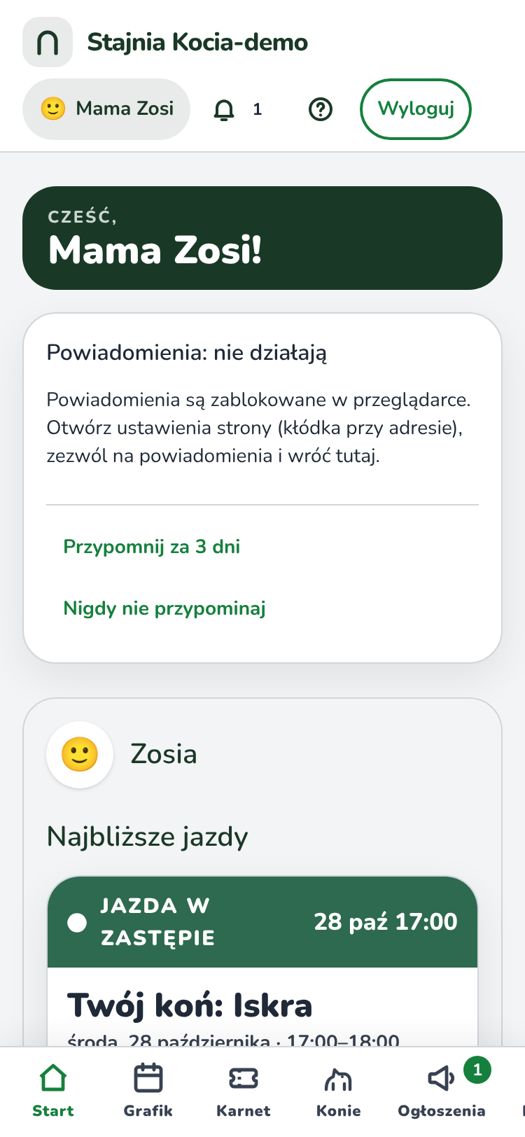 Zakładka „Start” rodzica: nagłówek „Cześć, Mama Zosi!”, a niżej karta dziecka Zosia z sekcją „Najbliższe jazdy” i dwiema jazdami „Jazda w zastępie” ze statusem „Zapisany”, przy jednej „Koń: Iskra”. Na dole początek sekcji „Twój karnet”.